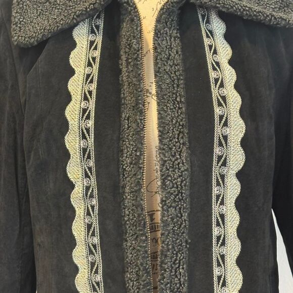 Vintage White Stag Black Leather Shearling Jacket Embroidered Western Boho Coat - Picture 3 of 7